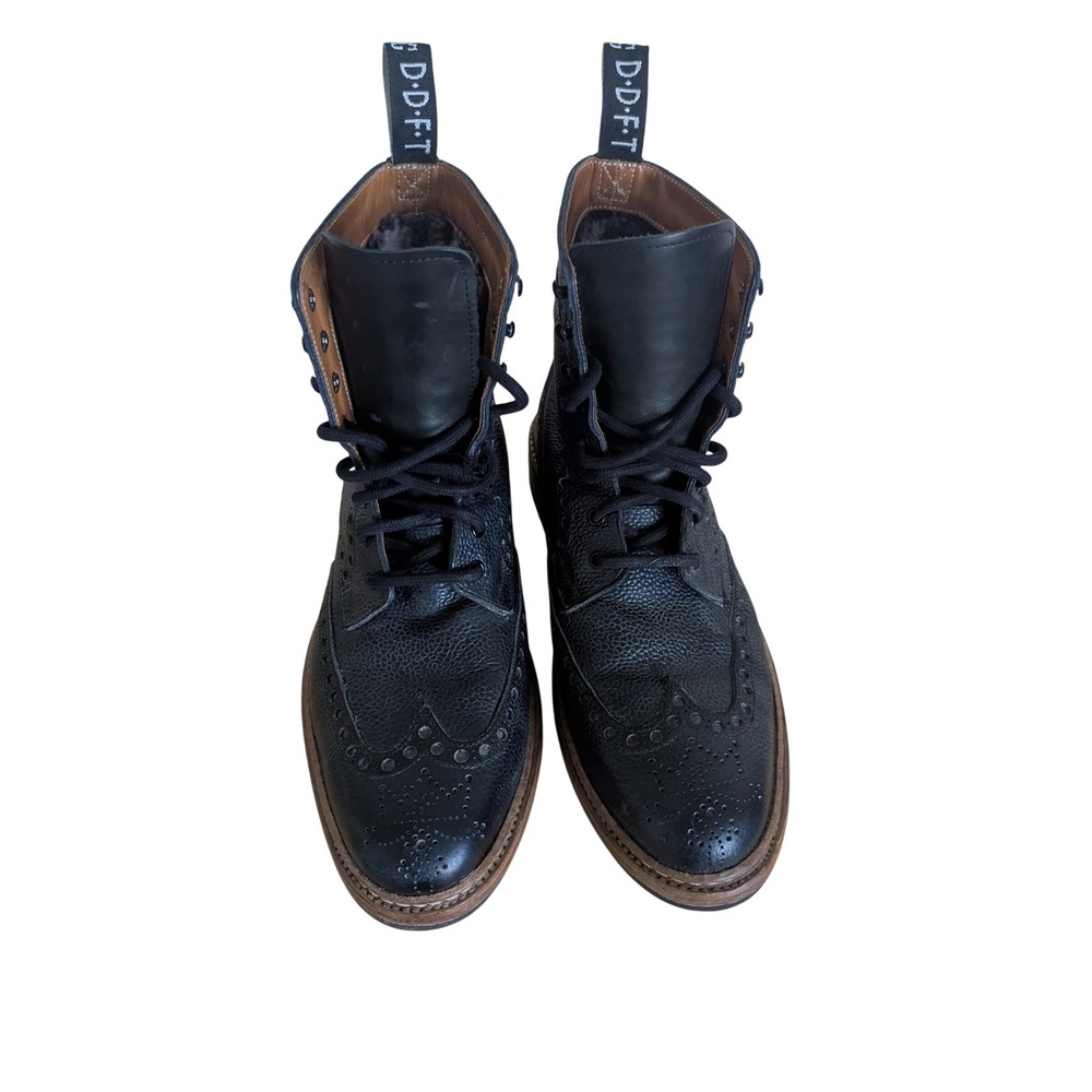 John Fluevog Newell Lined Brogue Boots Mens 9.5 Black Leather Shearling